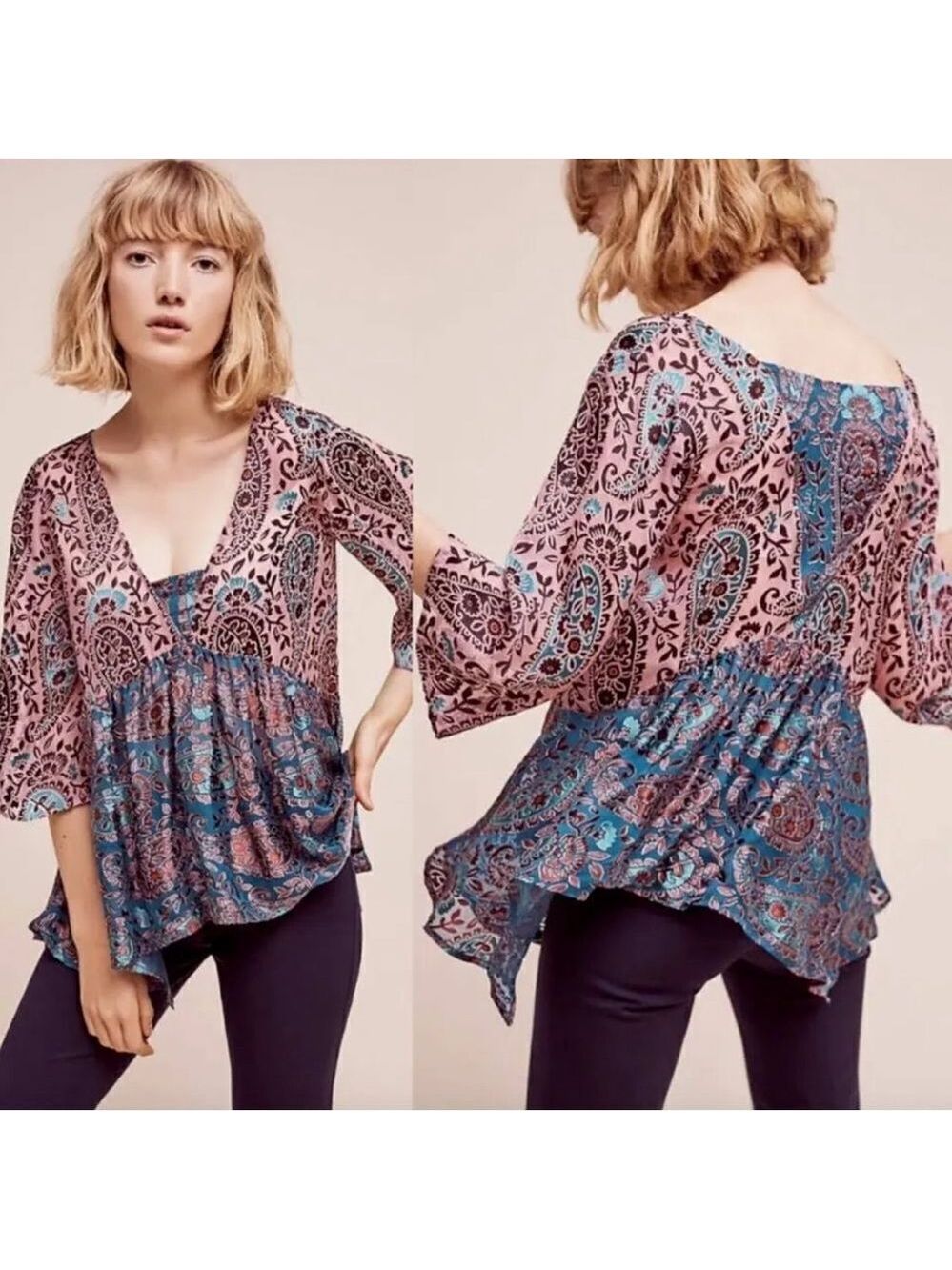 Anthropologie Floreat Valo Velvet Burnout Silk Blend Paisley Top
